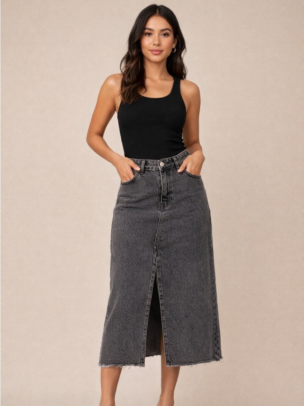 Classic Gray Denim Skirt • Midi • Half slit • Classic • Capsule